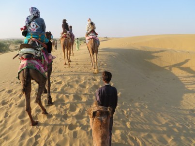 Riding camels over the sand dunes