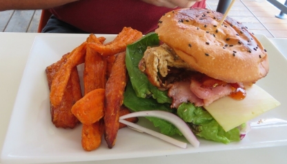 Chicken burger and sweet potato chips