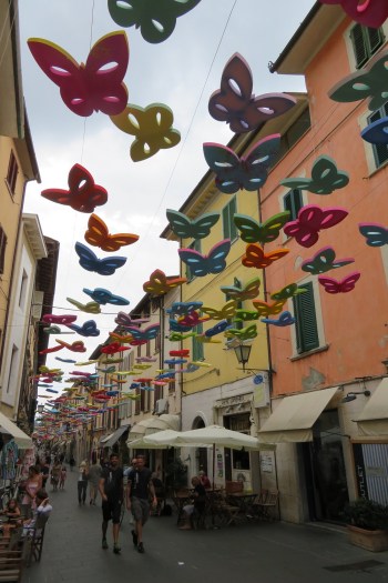 Colourful butterflies suspended over the main street in Pietrasanta