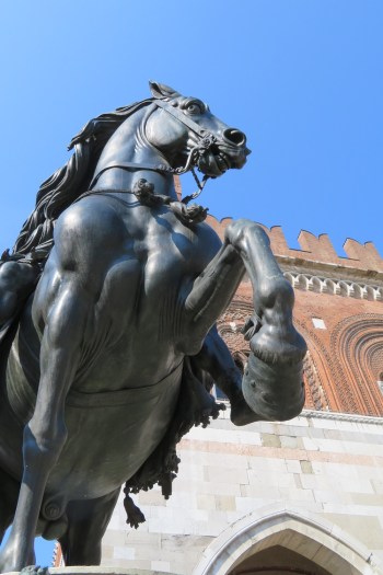 A rearing bronze horse sculpture