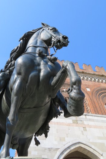 A rearing bronze horse sculpture