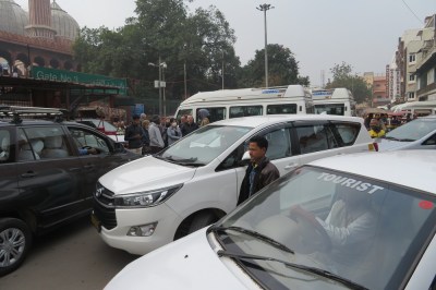 An Indian traffic jam and chaos in the streets of Delhi