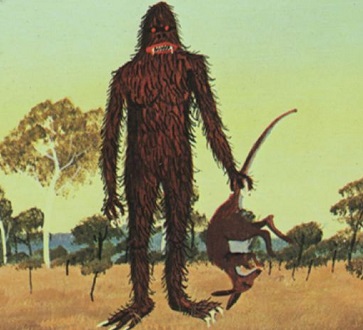 A picture of a hairy yowie carrying a dead kangaroo.