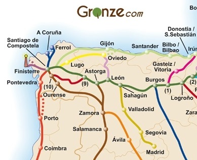 Map of caminos in Spain 