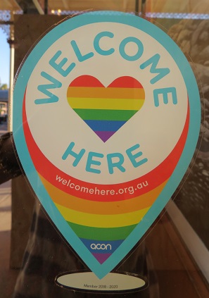 Rainbow sign - Everyone is welcome at the Palace Hotel Broken Hill