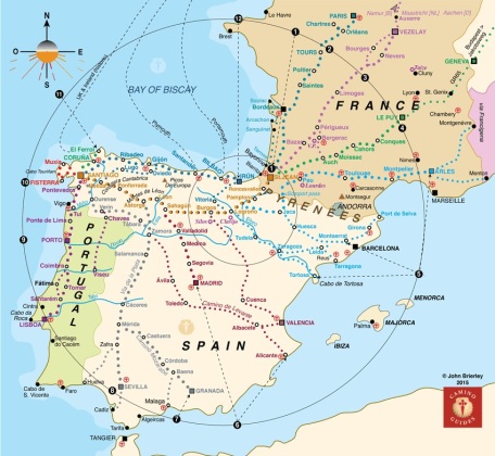 Map of caminos in France, Spain and Portugal