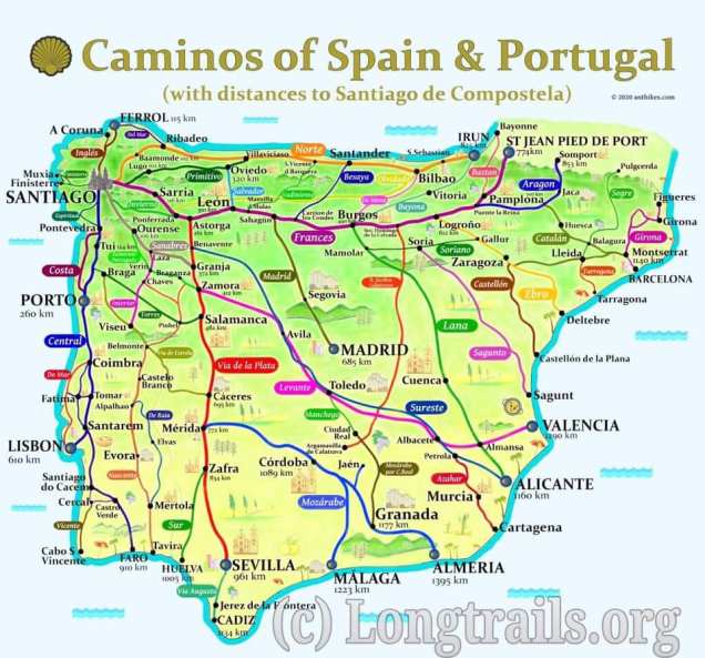Map of the many caminos you can do in Spain
