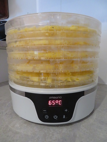 Pasta on dehydrator racks in a single layer