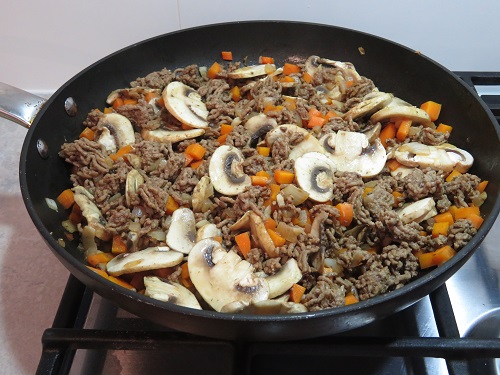 Mushrooms added to the browned mince and carrot/onion mix