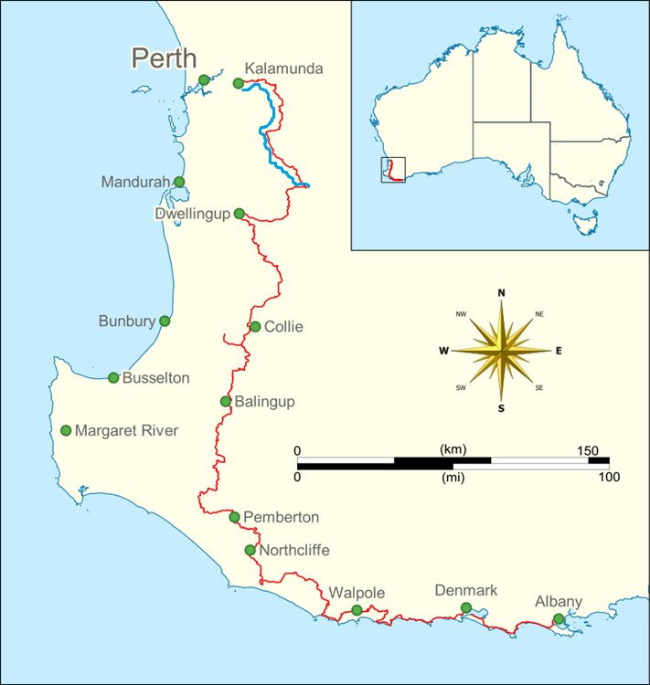 Follow the blue line on Days 1-6 of the Bibbulmun Track Map. Source: Wikipedia