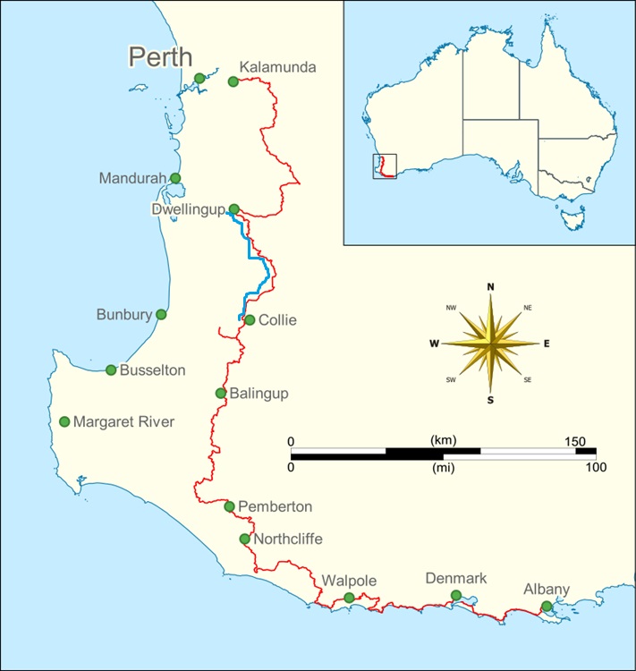 Map of the Bibbulmun Track. Days 11-16 Source: Wikipedia