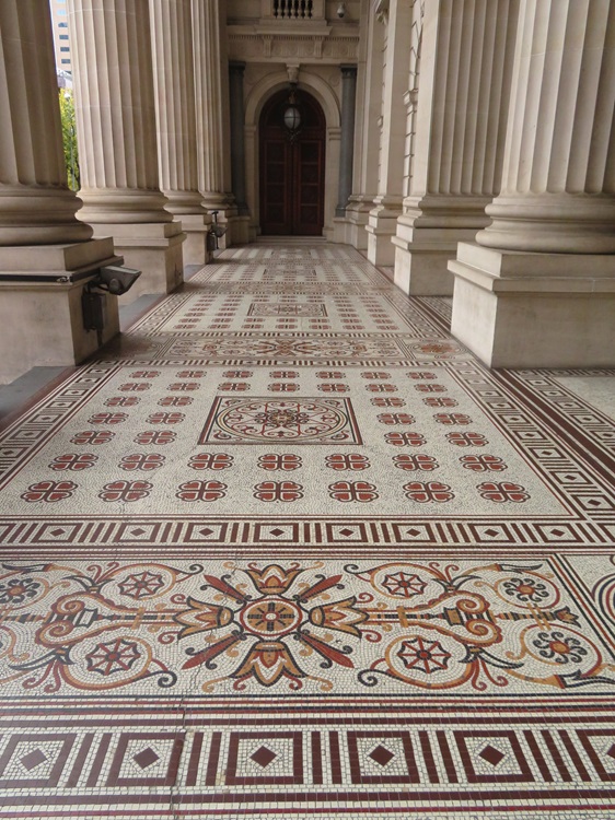 Intricate tessellated tiles on the front verandah of Parliament of Victoria