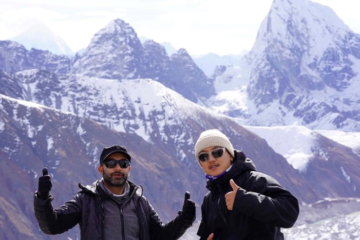 A happy group of people on the top of Gokyo Ri, Himalayas