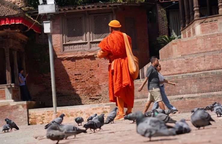 Pigeons and Monks in the Square, Kathmandu. Photo: The Husband