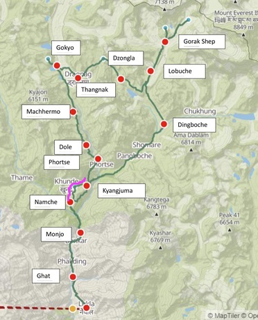 A map of Everest Base Camp Circuit, Nepal