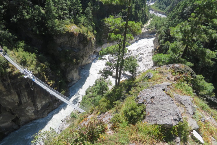 Looking down at the bungy bridge below, Himalayas
