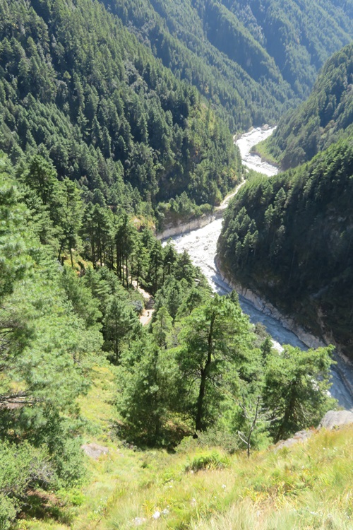 One of our many suspension bridge crossings in the 
 Himalayas