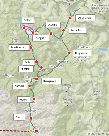 Map of Everest Base Camp Circuit, Nepal