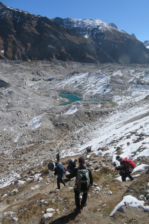 Heading across the glacial moraine, Nepal