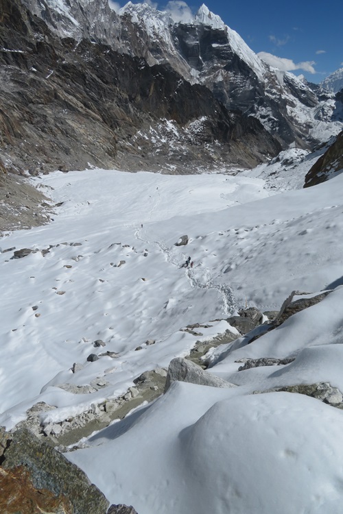 Looking down from the top of Cho La Pass onto the snow fields, Nepal
