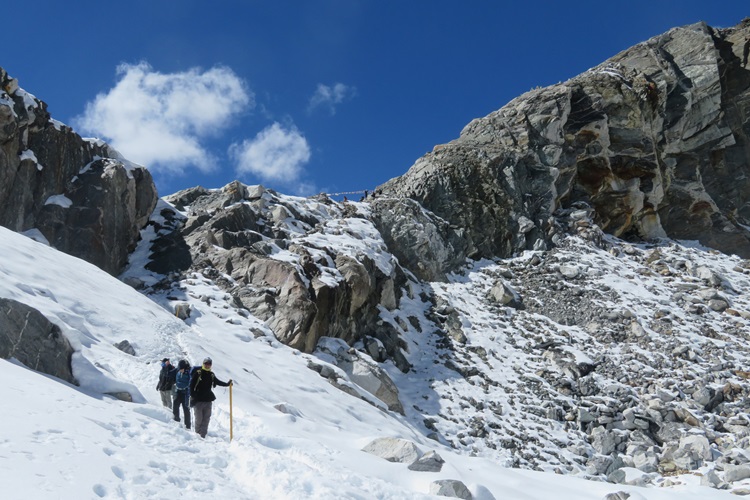 Looking down from the top of Cho La Pass onto the snow fields, Nepal