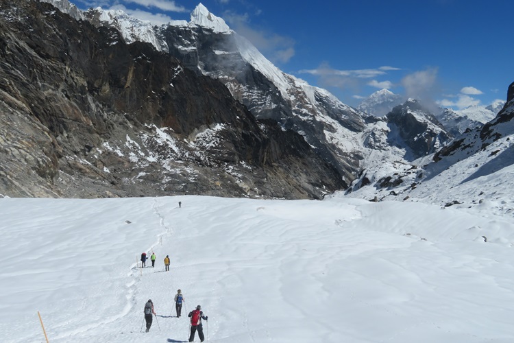 Looking down from the top of Cho La Pass onto the snow fields, Nepal