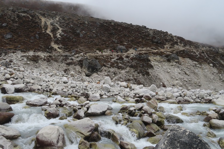 Crossing a raging river on the way to Dingboche, Nepal