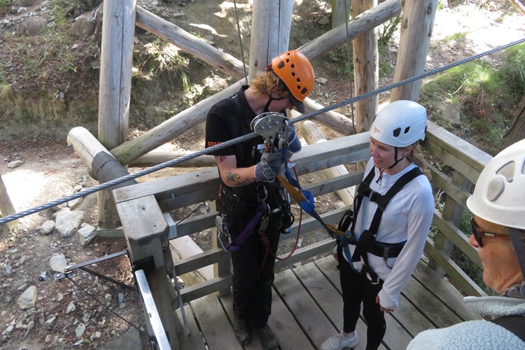 Getting ready for our first zip with Ziptrek at the top of Bob's Peak, at Queenstown, New Zealand