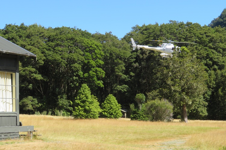 A helicopter takes off from Glade House, Milford Track, New Zealand
