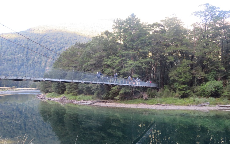 Swinging bridge over the Clinton River, Milford Track