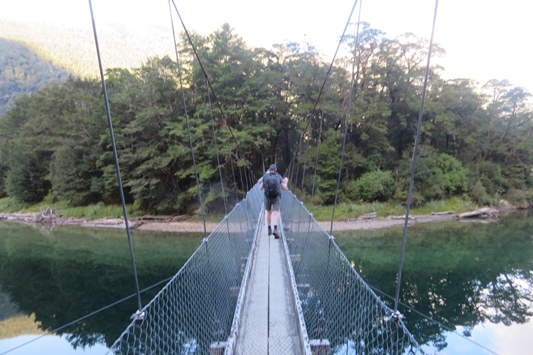 Swinging bridge over the Clinton River, Milford Track