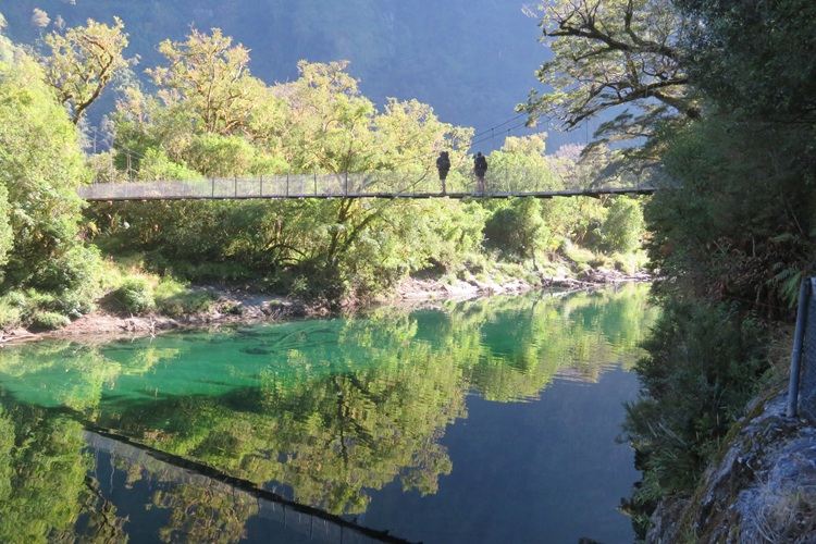 Views on the Milford Track - a swinging bridge over the Arthur River, New  Zealand
