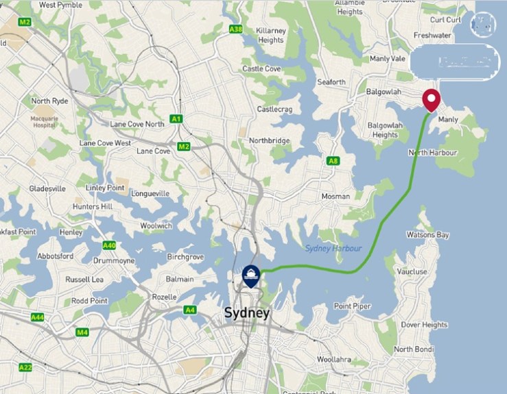 Google Maps show us the way. Circular Quay to Manly, Sydney